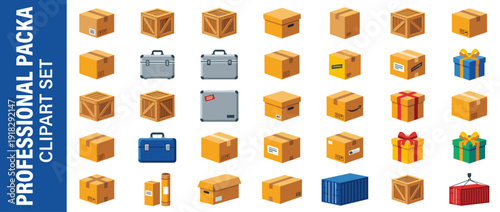 Professional Vector Icon Set of 30 Shipping Packages and Boxes in Flat Design. Features Cardboard Boxes, Wooden Crates, Metal Toolboxes, Gift Boxes, Cargo Containers, and Mailing Tubes for Logistics.