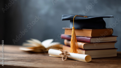 Educational background composition showing stack of books with graduation cap on top and diploma certificate next to it academic achievement educational success graduation
