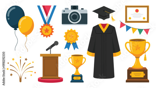 A flat design illustration of a graduation ceremony featuring a graduate, podium, and various awards from a front viewpoint.