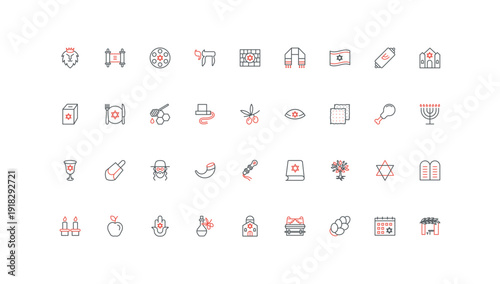 Judaism, Jewish holidays and culture, synagogue and prayers line icon set. Star of David and Torah, Sukkot celebration and food, Israel religion thin black and red outline symbols vector illustration
