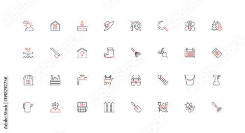 Gardening, garden tools for plant growing from seeds line icon set. Gardeners boots and hat, bucket, insect spray and herbicide, barn and fence thin black and red outline symbols vector illustration
