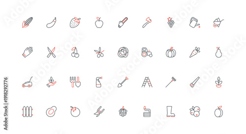 Gardening and farming, harvest, farmer and gardener equipment line icon set. Seedling in soil and garden plant growth, pesticide, lawn mower thin black and red outline symbols vector illustration