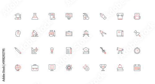 School and university education, stationery and books for students to study line icon set. Globe and backpack, blackboard in classroom, diploma thin black and red outline symbols vector illustration