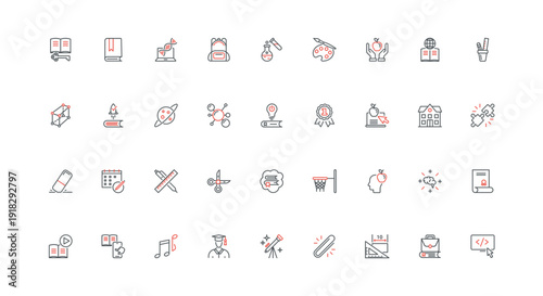 School and university education, online training and course, video lesson line icon set. Book and classroom, graduate cap, learning instruction thin black and red outline symbols vector illustration
