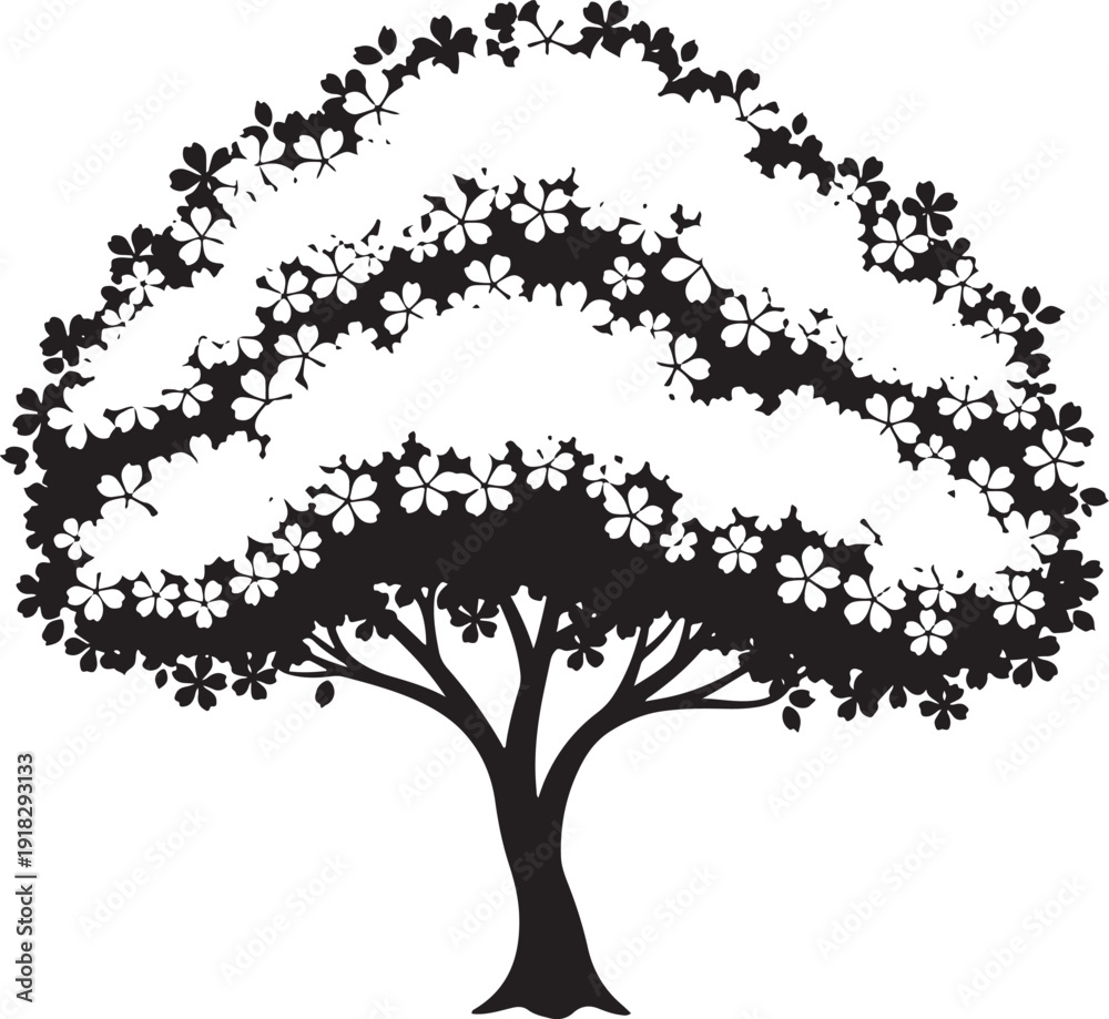 Fototapeta premium Stylized silhouette of a flowering tree with a unique, rounded canopy shape, showcasing spring blossoms on white background.