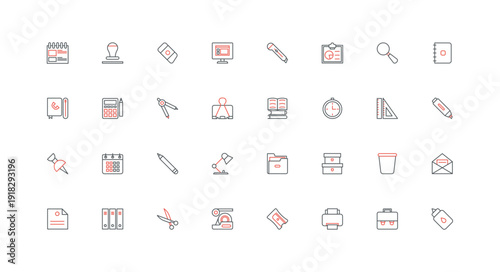 Office stationery and equipment, school supplies line icon set. Pin binders and paper clips, folder of documents and envelope, scissors, clipboard thin black and red outline symbol vector illustration