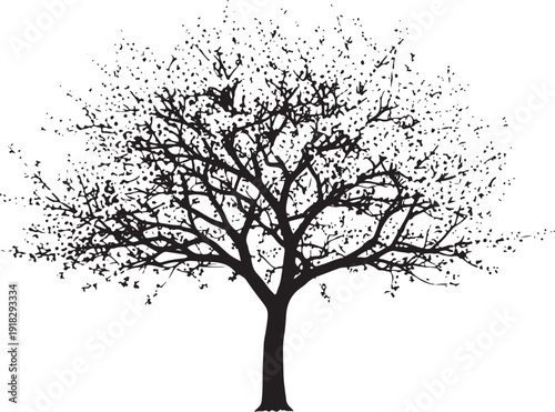 Black silhouette of a stylized tree with a dense canopy of small leaves or blossoms on a white background