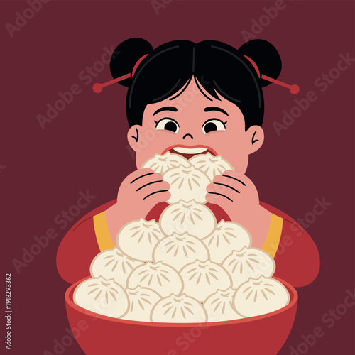 Cute vector illustration of a chinese girl happily enjoying a feast of steaming baozi (steamed buns), perfect for asian food culture and children's content