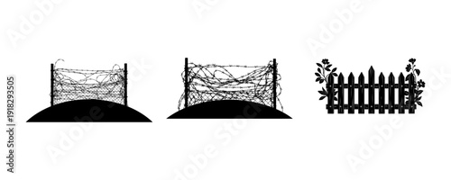 Silhouette of three different fence designs with arches and pointed tops