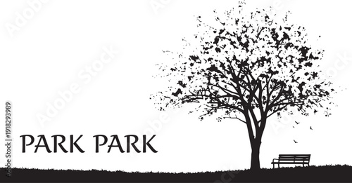 Park scene with a silhouette of a blooming tree, bench, and birds in flight, evoking peaceful leisure.
