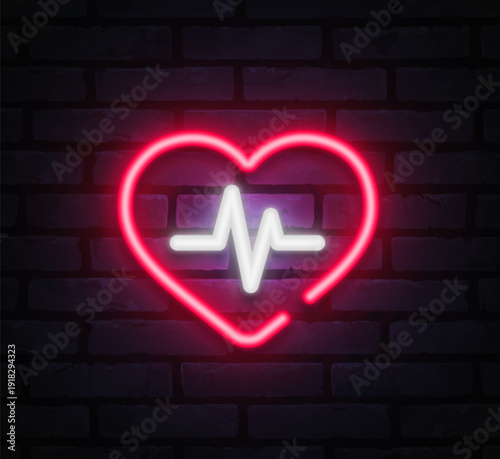 Neon vector heart icon with white heartbeat line on dark brick background. Ideal for medical themes, health apps, and modern interface elements.
