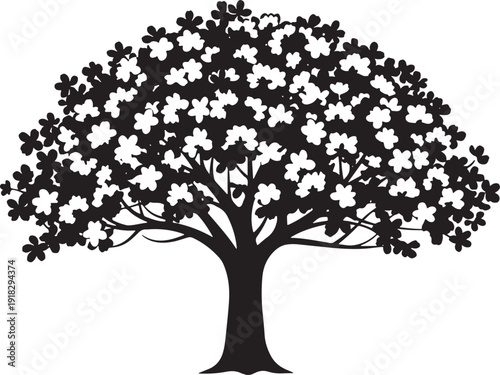 Black silhouette of a lush, round tree full of clover-like leaves, symbolizing luck and abundance.