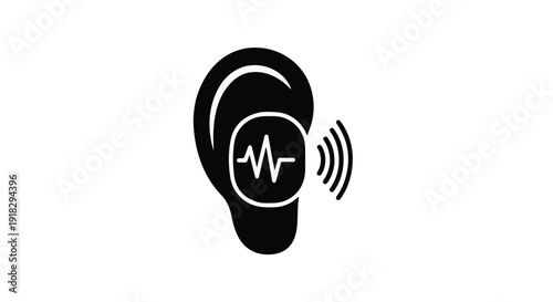 Minimalist Silhouette of a Human Ear with Hearing Aid and Sound Waves