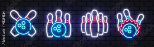 Neon vector set of bowling icons on dark brick background, featuring bowling balls and pins in dynamic compositions. Perfect for sports branding, bowling club visuals and entertainment design.