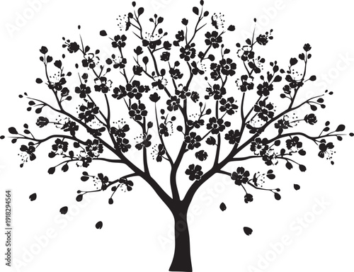 Silhouette of a blossoming cherry tree with falling petals, capturing the beauty of spring.