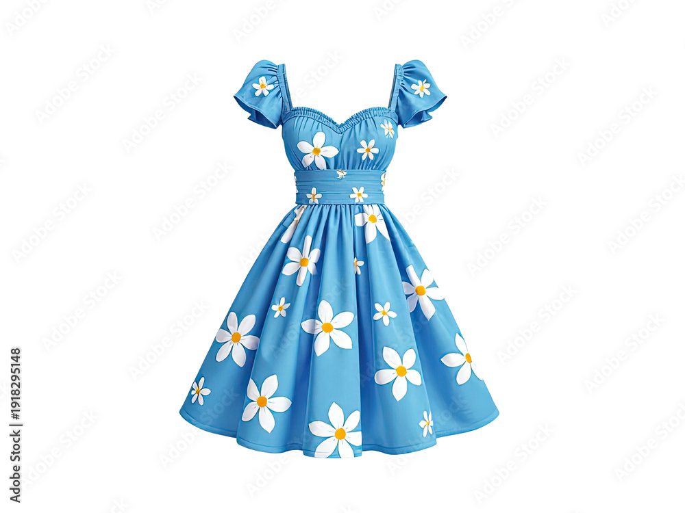Fototapeta premium A woman wearing a beautiful blue dress adorned with white flowers, suitable for use in editorial or advertising contexts