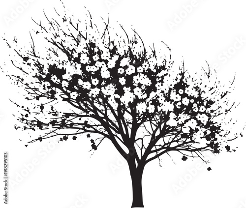 Black silhouette of a tree in full bloom with abundant flowers, celebrating nature's vibrant spring renewal.