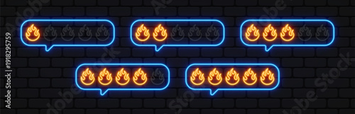 Neon flame rating inside glowing chat bubbles. Bright fire icons show intensity levels from mild to maximum. Great for spicy food reviews, trends, or hot content indicators.