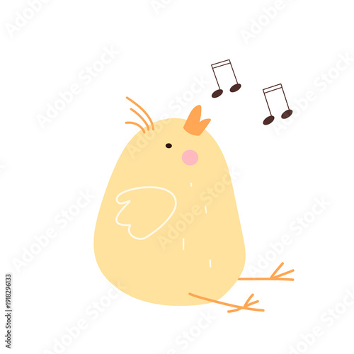 Yellow baby chick character singing with music notes, isolated on white. Illustration for Easter designs, children's music school decor or nursery wall art. Minimalist farm animal character.