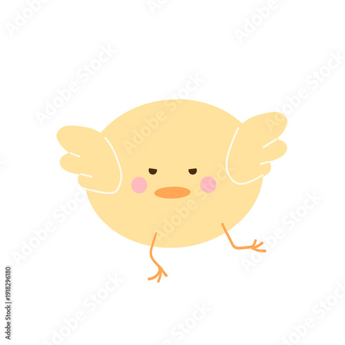 Stylized yellow baby chick character with grumpy face expression, isolated on White. Illustration for stickers, emoji, social media