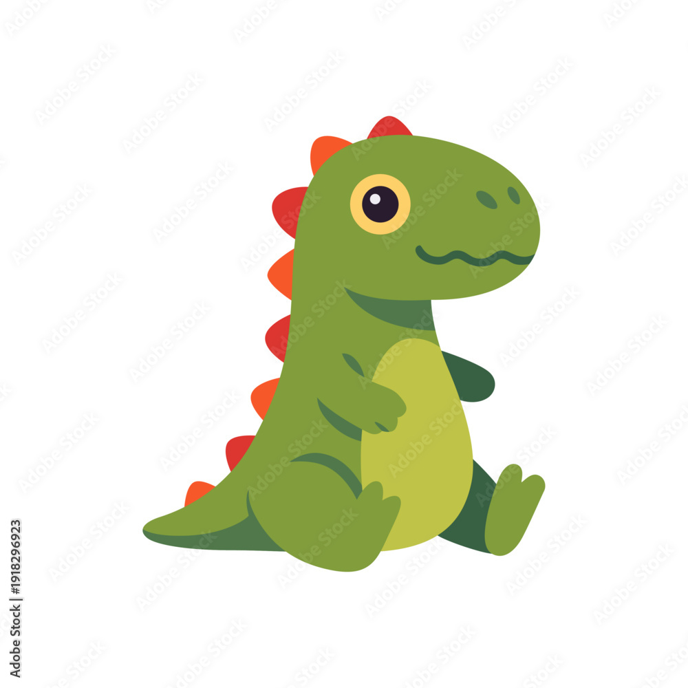 Obraz premium green plush dinosaur, cute stuffed toy, nursery comfort, colorful vector flat style illustration