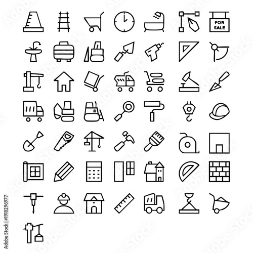 Clean and modern flat design vector illustration featuring a comprehensive set of business, real estate, and lifestyle icons with a minimalist aesthetic and neutral color palette.