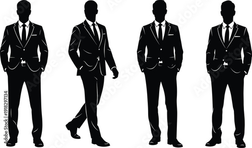Business attire silhouette illustration set, formal suit vector, corporate identity artwork, professional pose graphic, office fashion motif concept
