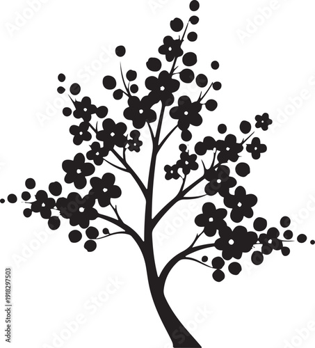 Silhouette of a budding tree branch heavy with dark blossoms and circular elements, representing spring's abundance.