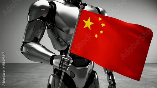 Futuristic robot holding the flag of China