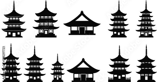 Pagoda temple silhouette illustration set, East Asian architecture artwork, cultural heritage vector, tiered roof design, traditional structure graphic concept