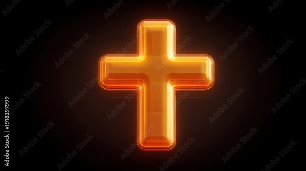 Fototapeta premium Glowing Orange Cross Symbol on Dark Background with Smooth, Shiny Surface Ideal for Religious Themes, Faith-Based Concepts, and Spiritual Representations