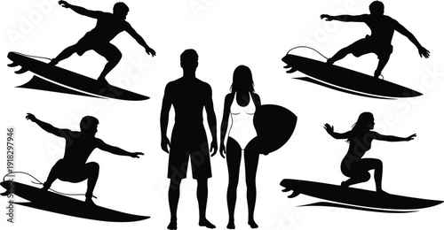 Surfing silhouettes riding waves, dynamic surf culture illustration, beach lifestyle art, ocean sport action, summer adventure concept, athletic surfboard performance