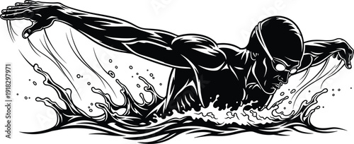 Swimmer butterfly stroke illustration, competitive swimming artwork, athletic motion vector, water splash design, sports performance graphic, aquatic strength concept