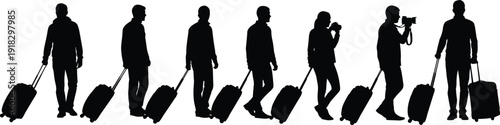 Traveler silhouette illustration set, walking tourist artwork, rolling suitcase vector, mobility design graphic, photography motif concept, journey theme