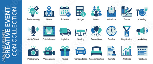 Creative Event Planning Icon Collection Featuring 24 Flat Design Elements in Blue and Teal Corporate Colors. Icons for Venue, Schedule, Budget, Catering, Logistics, Marketing, and Photography.