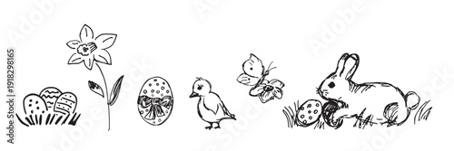 Easter hand drawn symbols, vector illustration drawing.