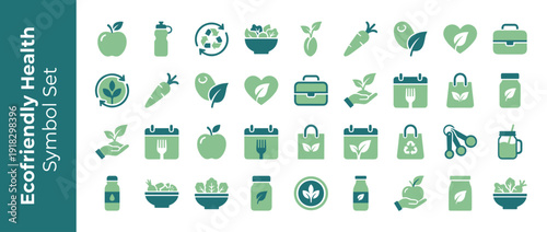 Set of 30 Ecofriendly Health and Healthy Meal Plan Vector Icons in Flat Design Duotone Green. Features Organic Food, Recycling, Nutrition, Sustainable Lifestyle, Wellness, and Dieting Symbols.