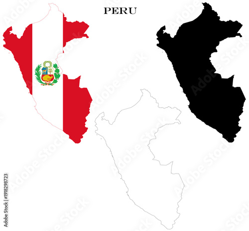 Peru Country Maps Bundle with National Flag, Black Silhouette and Detailed Outline Contours