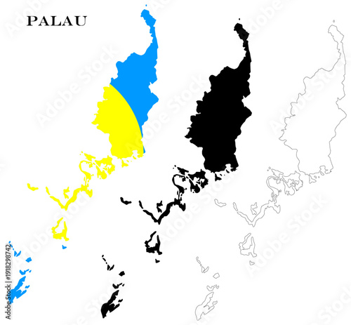 Palau Country Maps Bundle with National Flag, Black Silhouette and Detailed Outline Contours