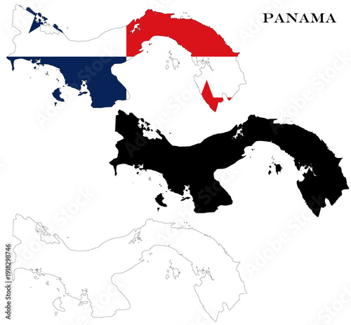 Panama Country Maps Bundle with National Flag, Black Silhouette and Detailed Outline Contours