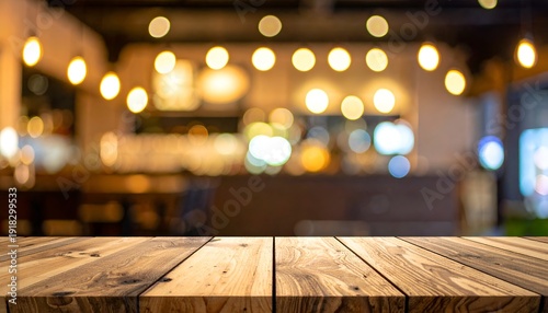 Wallpaper Mural A wooden tabletop in the foreground with a blurred bar and warm lights in the background Torontodigital.ca