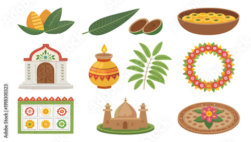 Vector Flat Illustration Icon Set for Ugadi Festival and Telugu New Year Featuring Mango Leaves, Kalash, Neem, Traditional Sweets, Temple, and Rangoli Symbols Isolated on White Background
