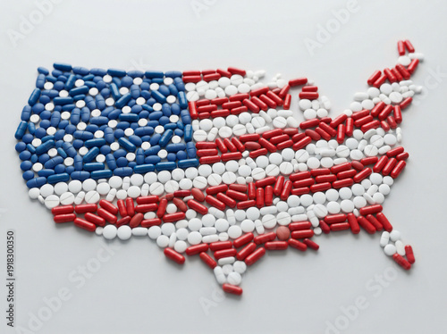 United States map, USA map, US flag, pharmaceutical pills, capsules, medication, healthcare industry, medical concept, pharmacy, clinical, macro, high resolution, close-up, stock photography, editoria