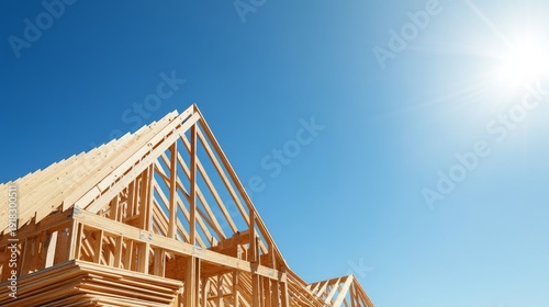 New House Framing Under Clear Blue Sky, sun flare. Concept Home construction, future dwelling, bright outlook. Construction, Future, Home, Building