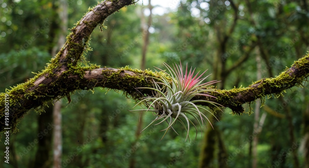 Obraz premium Air plant tillandsia growing on a mossy tree branch in a lush tropical forest. Nature concept for botanical garden display.