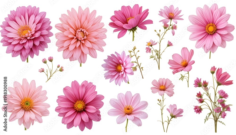 Fototapeta premium Beautiful pink daisy flowers and delicate floral stems arranged in a soft botanical illustration style, featuring blooming petals and natural elegance isolated on a light background
