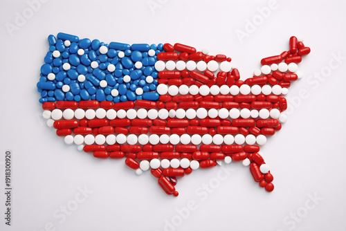 Pharmaceutical pills arranged as United States map with red white blue stripes and star-inspired pattern, clinical healthcare stock image