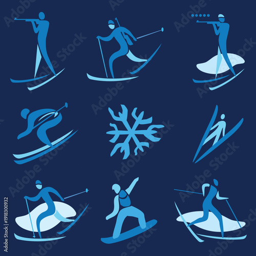 Winter sport symbols.	
Icon set of sport symbols on blue background. Vector available.	