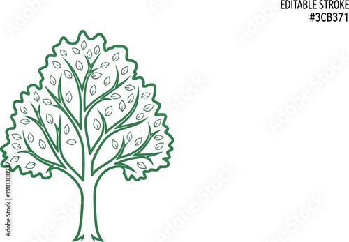 Simple green line art drawing depicting a lush deciduous tree with many leaves and strong branches perfect for nature icons or environmental concepts
