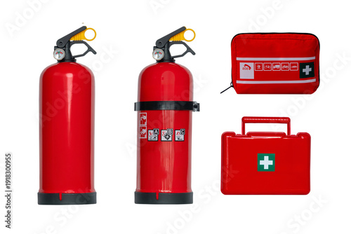 fire extinguisher and first aid kit isolated on white background